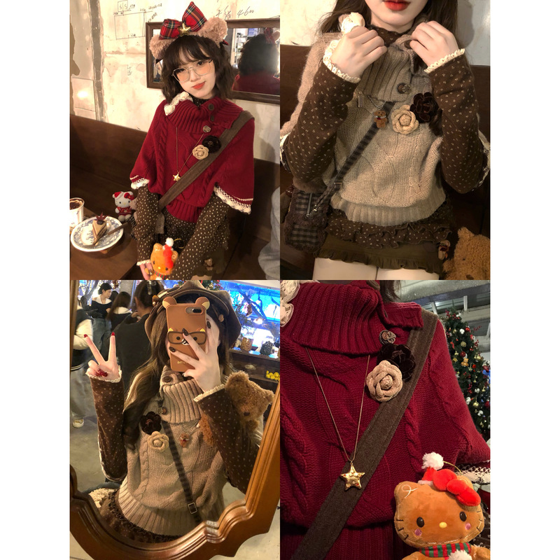 【Alittle Messy】 "Hazelnut in Liquor Sauce” Original Vintage Christmas Red Sweater Layered Look for Winter 【Alittle Messy】 "Hazelnut in Liquor Sauce” Original Vintage Christmas Red Sweater Layered Look for Winter