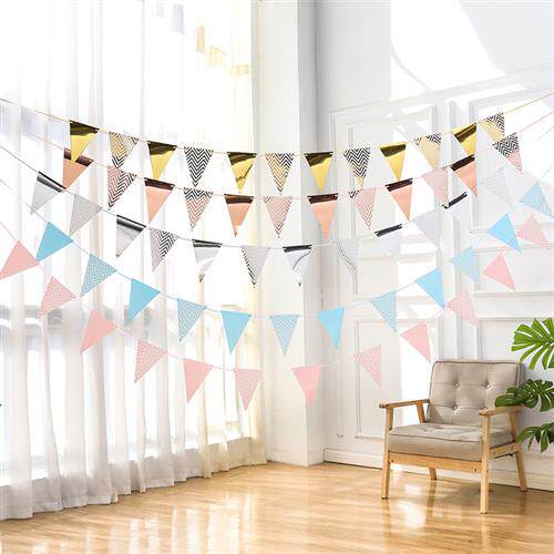 Bronzing triangular flag waves pull flags Birthday Party Supplies Atmosphere Decorations Gold And Silver Pink Blue Banners-Taobao