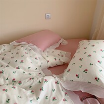 Retro Rose Crushed Flowers Pure Cotton Bed Three-Four Pieces Cute Teenage Girl Full Cotton Linen Quilt Quilt Princess Lace