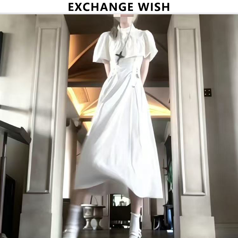 Moonlight White Gauze Summer Dress with Straps and Waist-Cinching Design, French Style with Built-In Shawl, Japanese Style Clear and Elegant Long Dress Moonlight White Gauze Summer Dress with Straps and Waist-Cinching Design, French Style with Built-In Shawl, Japanese Style Clear and Elegant Long Dress