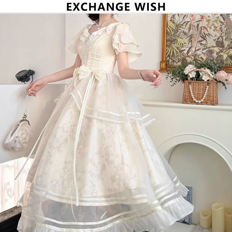 Girl's Poetry Spring/Summer 2026 Apricot Print Palace Style Dress Elegant and Noble Girl's White Moonlight Long Dress