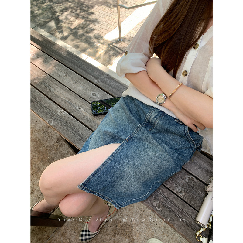 Yawen Retro Washed Blue Distressed Denim Skirt Summer Slit Embroidered Versatile Straight Midi Skirt for Women