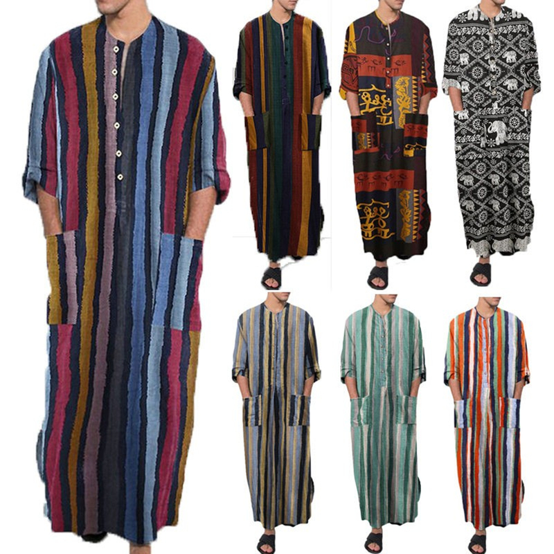 Men's One-Piece Shirt Robe Export Long Robe Men's Spring and Summer New Striped Printed One-Piece Shirt Men's One-Piece Shirt Robe Export Long Robe Men's Spring and Summer New Striped Printed One-Piece Shirt