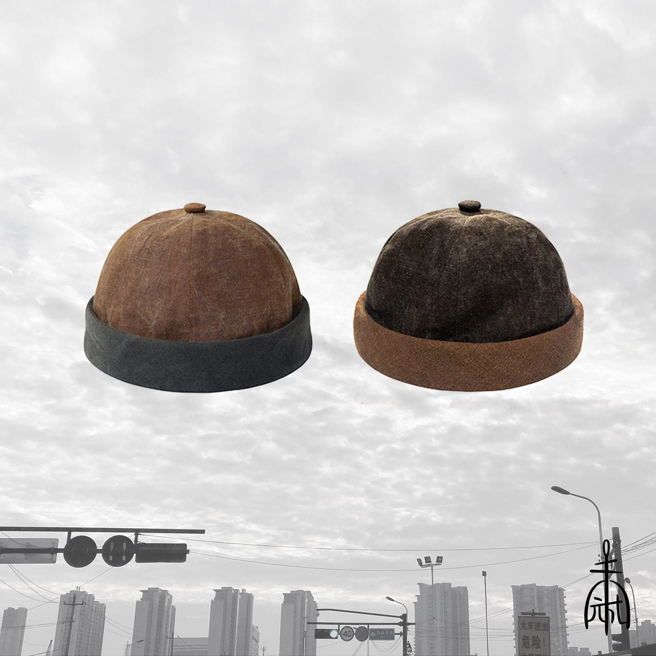 Unfinished persimmon dyed brimless melon skin hat country tide landlord hat men and women street hip-hop hat sailor yuppie hat