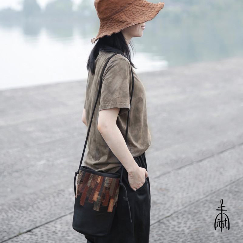 Unfinished plant dyed persimmon dyed heavy work patchwork messenger bag silk fragrant cloud yarn bucket bag