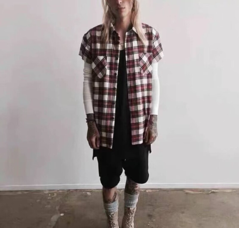 3Rd Waistcoat Red and White Plaid Waistcoat Riri Zipper Pure Cotton Brushed Plaid Shirt