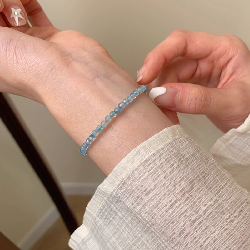 Natural Faceted Topaz Bracelet for Women, 925 Sterling Silver, Sea Blue Beaded Bracelet, Light Luxury, Niche, Enhances Complexion, High-End Feel