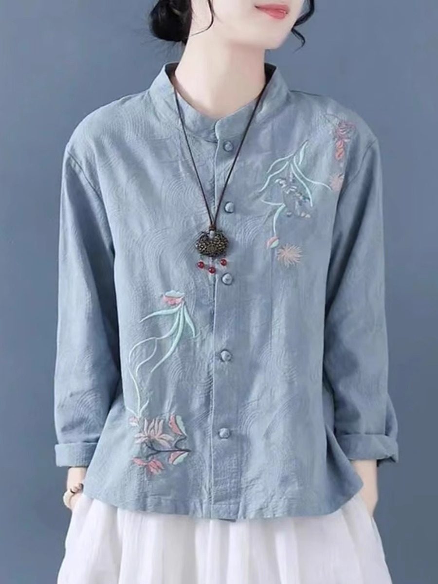 清仓捡漏~专柜撤回品牌尾货女中式盘扣茶服上衣刺绣棉麻长袖衬衫