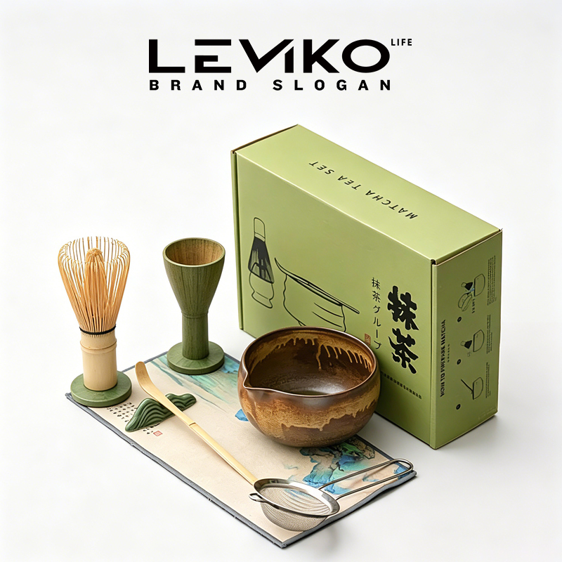 Leviko Ceramic Matcha Eight-Piece Set: Tea Bowl, Tea Whisk Stand, Powder Sieve, Tea Brush, Tea Ceremony Accessories, Song Dynasty Matcha Whisk