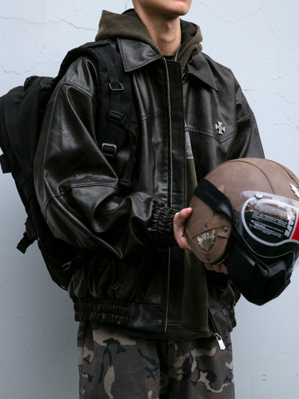 美式复古手工擦色皮衣外套男春秋新款宽松户外防风机车服痞帅夹克