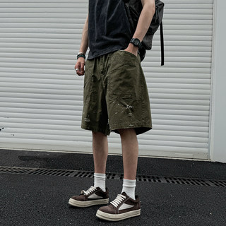 285克美式重工酵洗吊烂漆点工装短裤男夏季vintage质感磨破五分裤