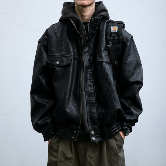 Loose leather jacket with motorcycle trendy American retro stand collar