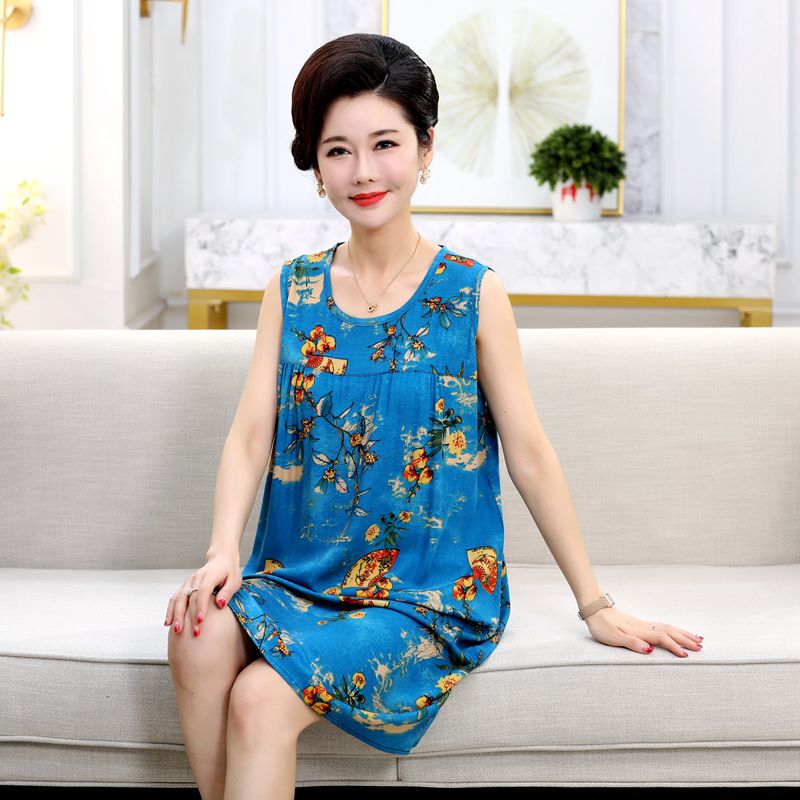 Women's Pajamas Summer 2026 New Style Nightdress Can Be Worn Outside Home Clothes Middle-Aged and Elderly Mothers Cotton Silk Rayon Mid-Length Dress