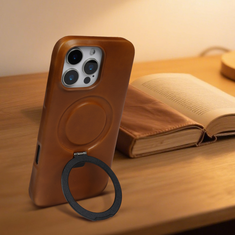 Distressed Oil Wax Leather Minimalist Stand Genuine leather iPhone Case