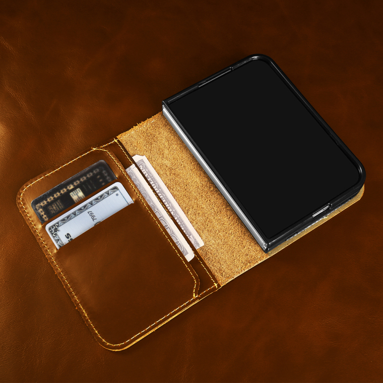 Calfskin Leather Contrast Stitching Minimalist Flip Foldable Genuine leather iPhone Case