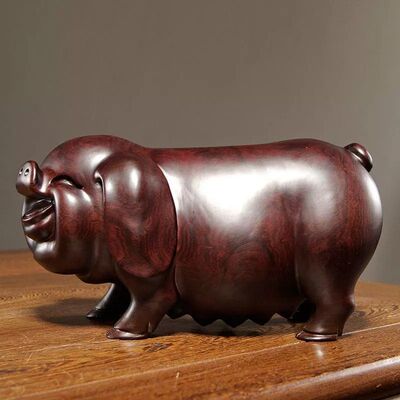 （实木招财礼品）黑檀实木质雕刻一对猪摆件三合十二生肖动物猪家