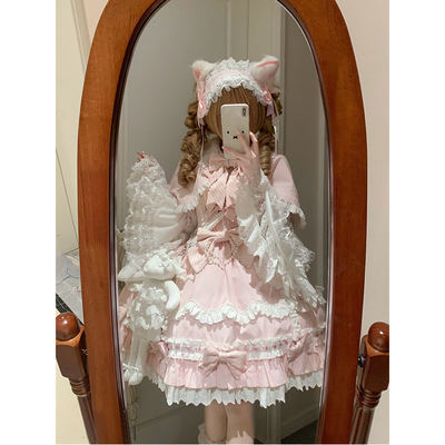 Pink cute meow Meow doll-like Lolita dress, cape set, old-fashioned Lolita dress, sweet princess dress