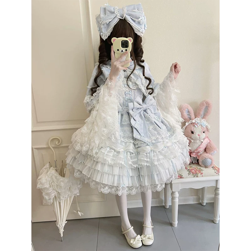 Платье‑долл Lolita JSK, голубое, эффект подъёма с брошью‑бантом и кейпом