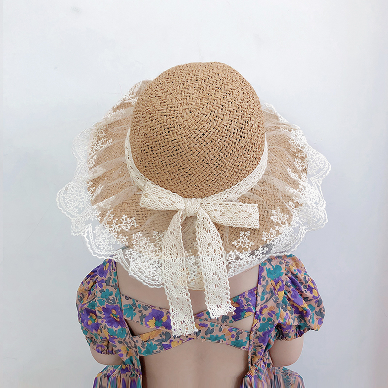 Children sunscreen hat peak summer sun-shading straw hat girl South Korean female baby polo lace lace beach hat