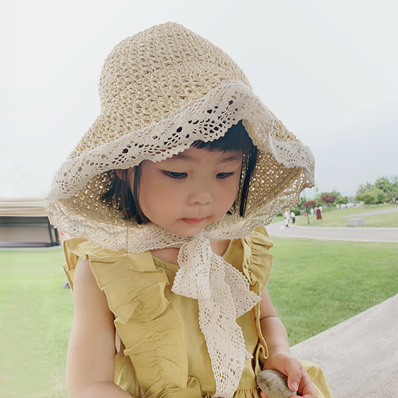 Children's lace straw hat summer parent-child sunscreen hat spring and autumn baby baby strap hat girls beach hat