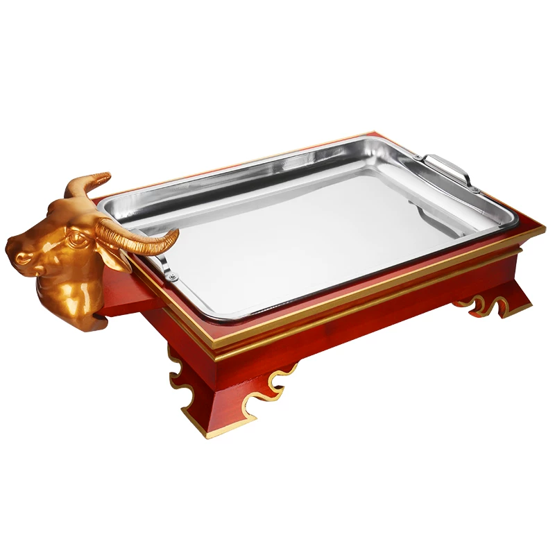 Featured wood roasted whole sheep tray hand steak cow sheep, cow head banquet wine refined charcoal heating stainless steel solid wood dish