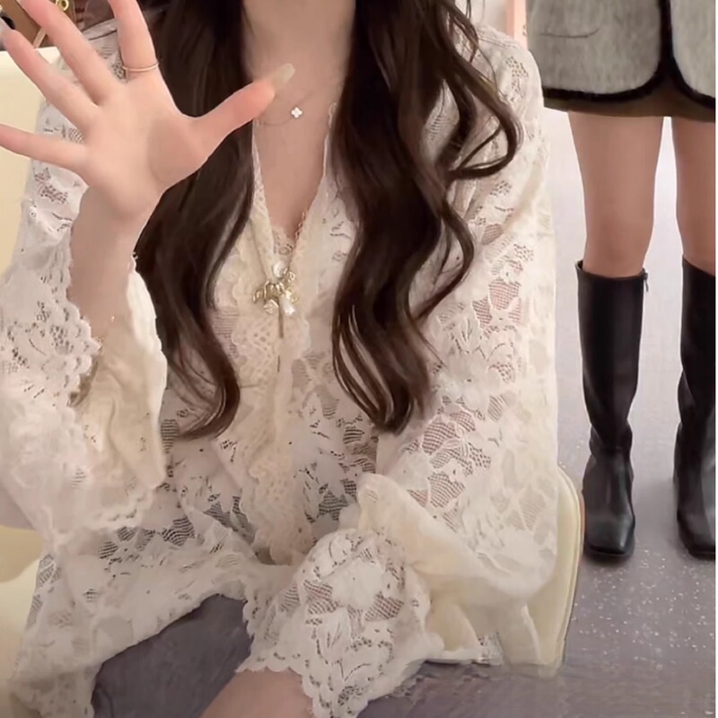 Korean Style Hollow-Out Long-Sleeve Lace Shirt for Women, 2024 Autumn, Gentle and Elegant, Loose V-Neck Inner Top Korean Style Hollow-Out Long-Sleeve Lace Shirt for Women, 2024 Autumn, Gentle and Elegant, Loose V-Neck Inner Top