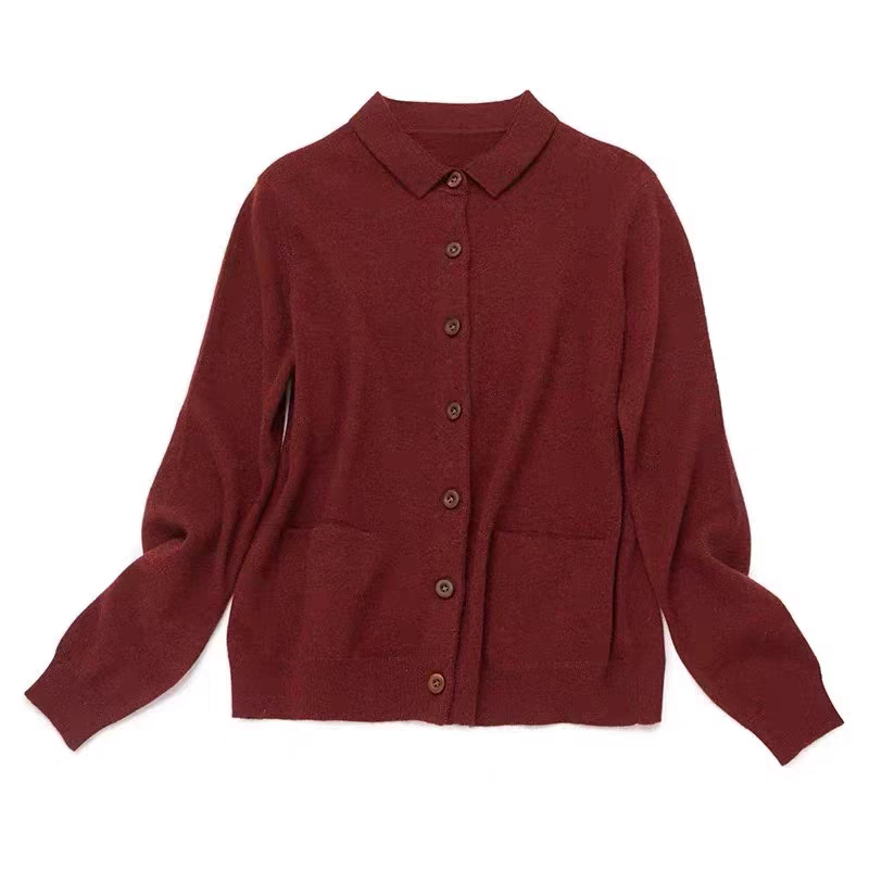 Twelve Months Women's Early Autumn Buttoned Double-Pocket Cashmere Knit Cardigan with Polo Collar