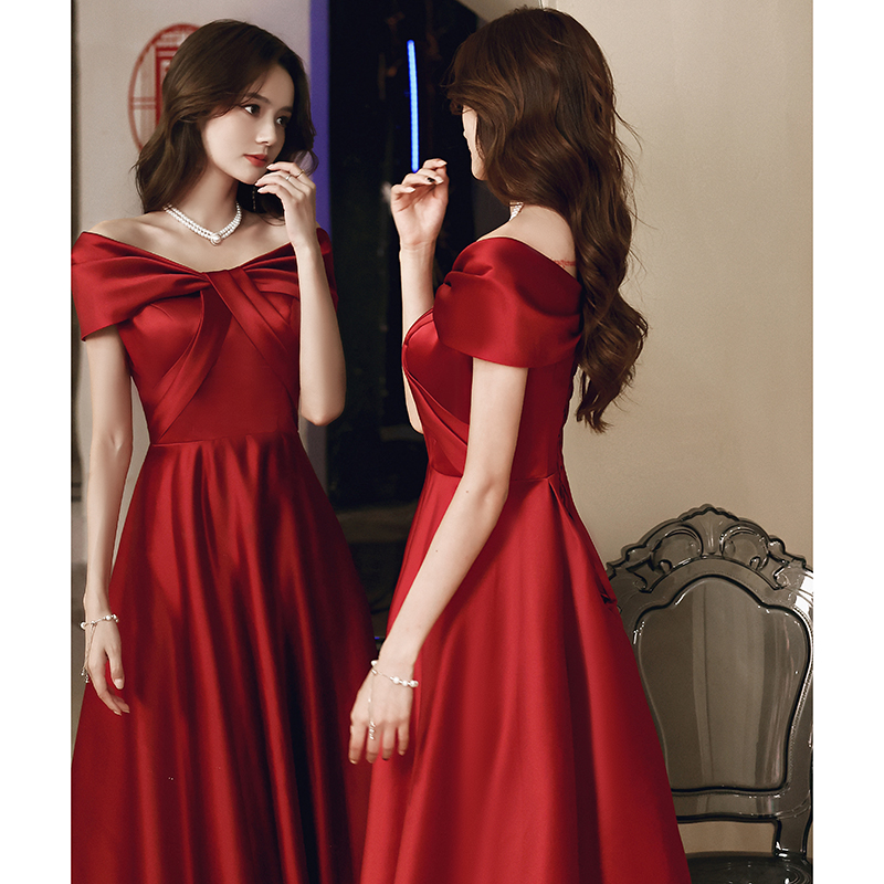 One-shoulder toast dress bride summer satin can usually wear engagement dress wine red dress skirt female summer