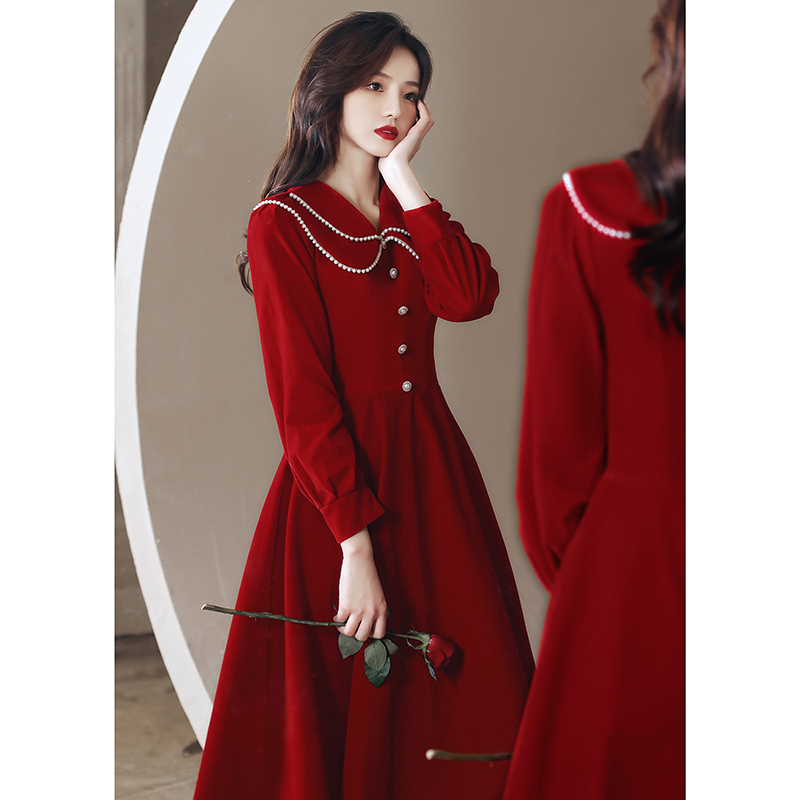 Toast bride little wine red wine engagement dress dress dress for long sleeves can usually wear