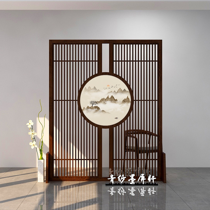 Chinese-style screen partition guest restaurant mobile entrance fence solid wood entrance office hollow semi-transparent block seat yarn