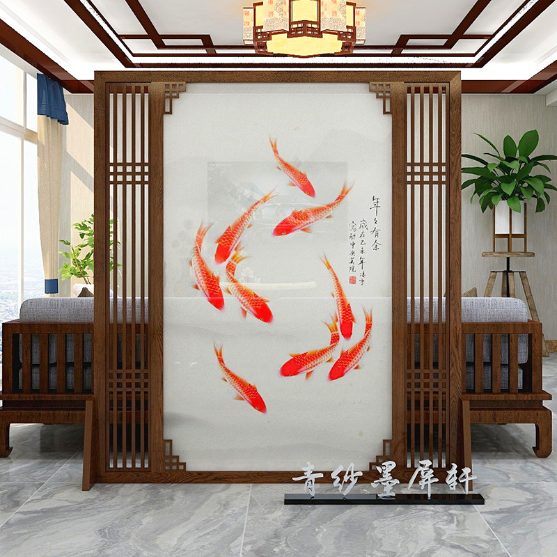 Chinese screen partition guest dining room decorated solid wood entering the bedroom hollow semi-yarn moving flower and bird yarn