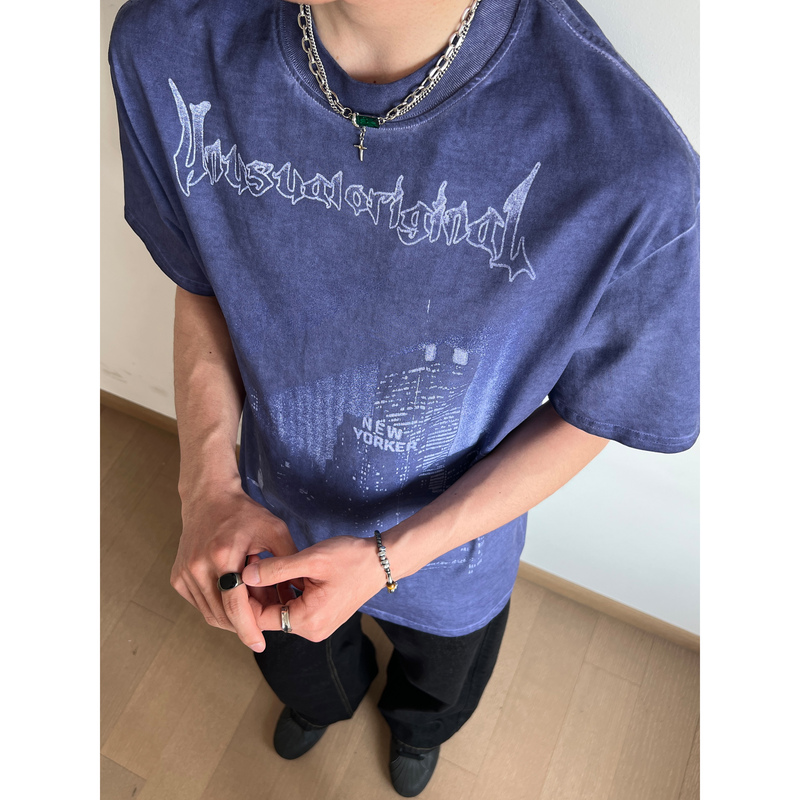 Unlg American Retro Washed Distressed Graffiti Pure Cotton Short-Sleeve T-Shirt for Men, Summer Loose Heavyweight Cool Top Trendy