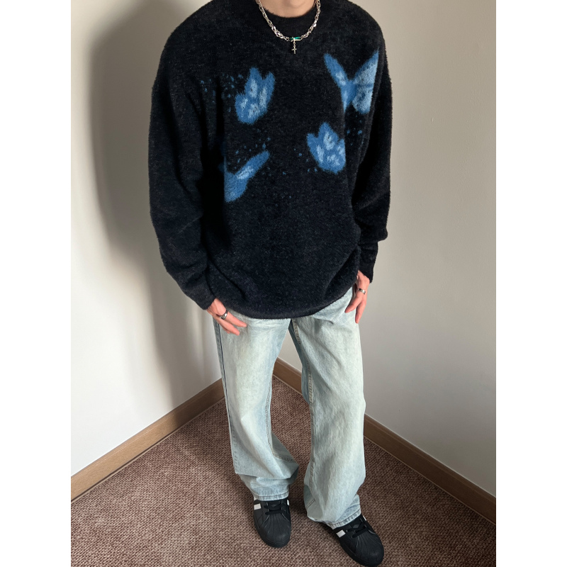 Unlg American-Style Faux Mink Blue Butterfly Jacquard Crew Neck Sweater for Men, Autumn and Winter, Lazy Style, Casual Loose Knitwear Unlg American-Style Faux Mink Blue Butterfly Jacquard Crew Neck Sweater for Men, Autumn and Winter, Lazy Style, Casual Loose Knitwear