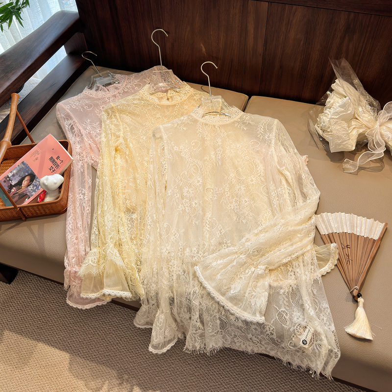 French Romantic Style Layered Lace Bottoming Shirt for Women with Long Sleeves and Hollow Mesh Inner Layer with High-End Lace Shirt French Romantic Style Layered Lace Bottoming Shirt for Women with Long Sleeves and Hollow Mesh Inner Layer with High-End Lace Shirt