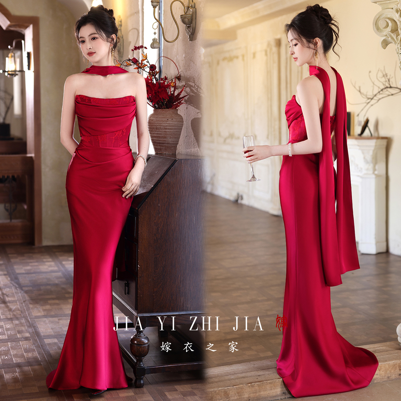 Wedding Dress House Red Strapless Evening Dress for Women 2026 New Style Bridal Wedding Toast Dress Slimming Engagement Dress