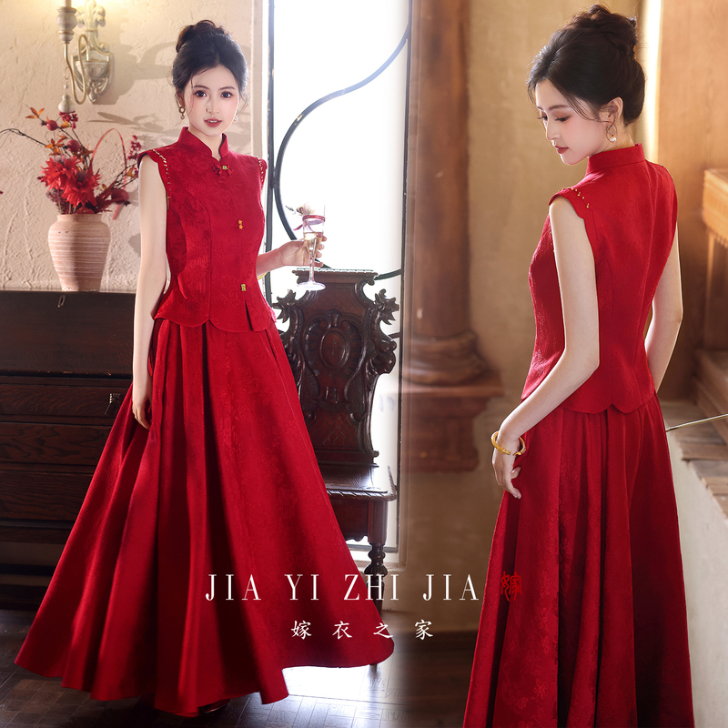 New Chinese-Style Red Wedding Dress for Toasting, 2026 New Model, Bride's Wedding Cheongsam, Slimming Engagement Dress for Women