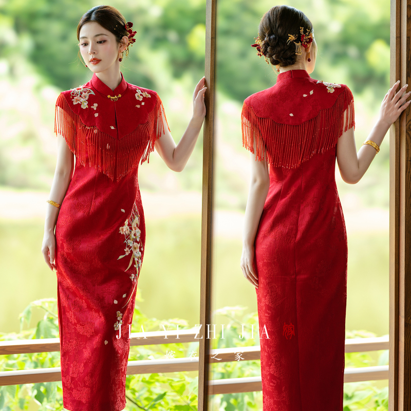 Wedding Dress House【Butterfly】New Chinese-Style Red Engagement Cheongsam Dress Bride Wedding Toast Dress Summer New Style