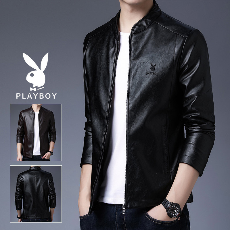 Playboy Faux Leather Jacket Men's Stand Collar Coat Spring and Autumn New Korean Style Winter Fleece-Lined Biker Jacket