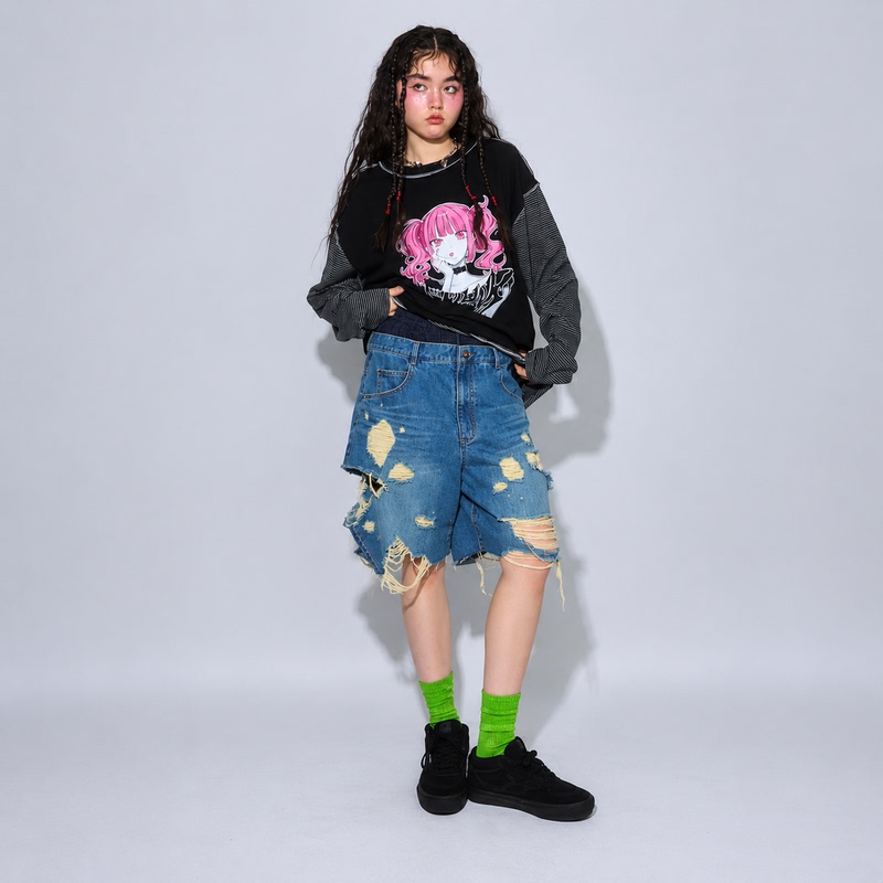 Japanese Pure Vintage C@Ndy Stripper Washed Distressed Ripped Denim Shorts
