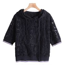 West Lake Pavilion (S) high-end spring loose shoulder lace hook hooded sweater short T-shirt cut