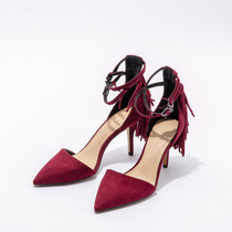 West Lake Pavilion (S) spring and summer temperament woman ~ pointed double buckle heel tassel high heels S725