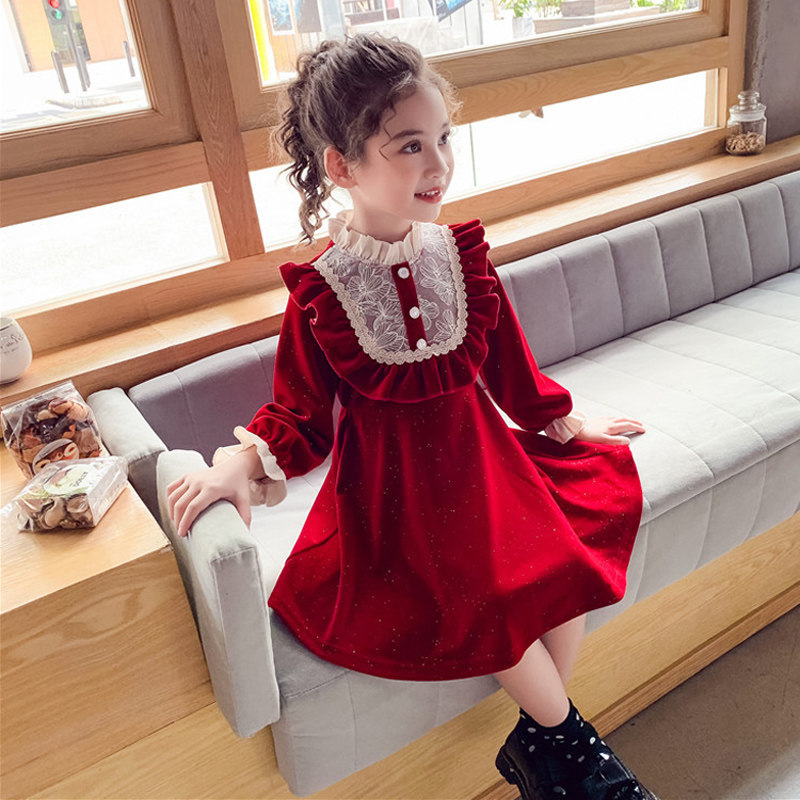 South Korean girl's dress 2022 spring autumn new girl princess dress comfort red velvet spring dress dress