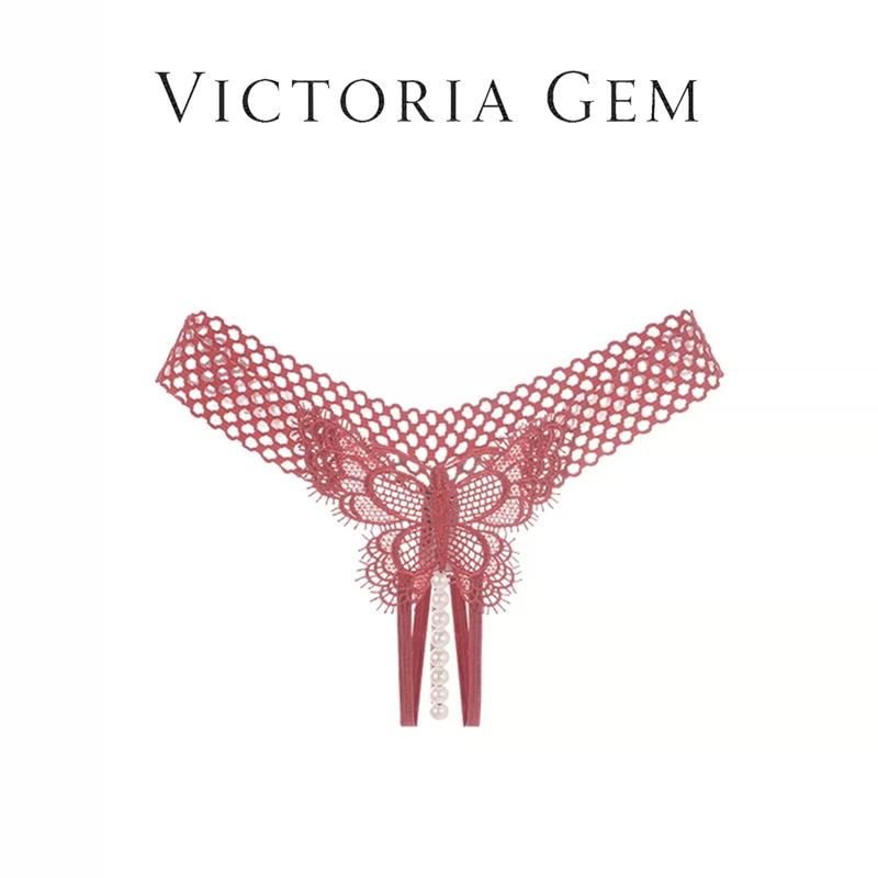 Victoria Gem/Victoria Sexy Hollow-Out Lace Panties with Butterfly Embroidery and Pearl See-Through Thong