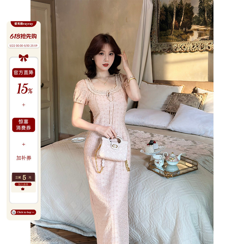 Lai Yingjun [Jenny's Confession] French Gentle Style Jacquard Dress with Square Neckline, Tie Waist, and Elegant Long Skirt