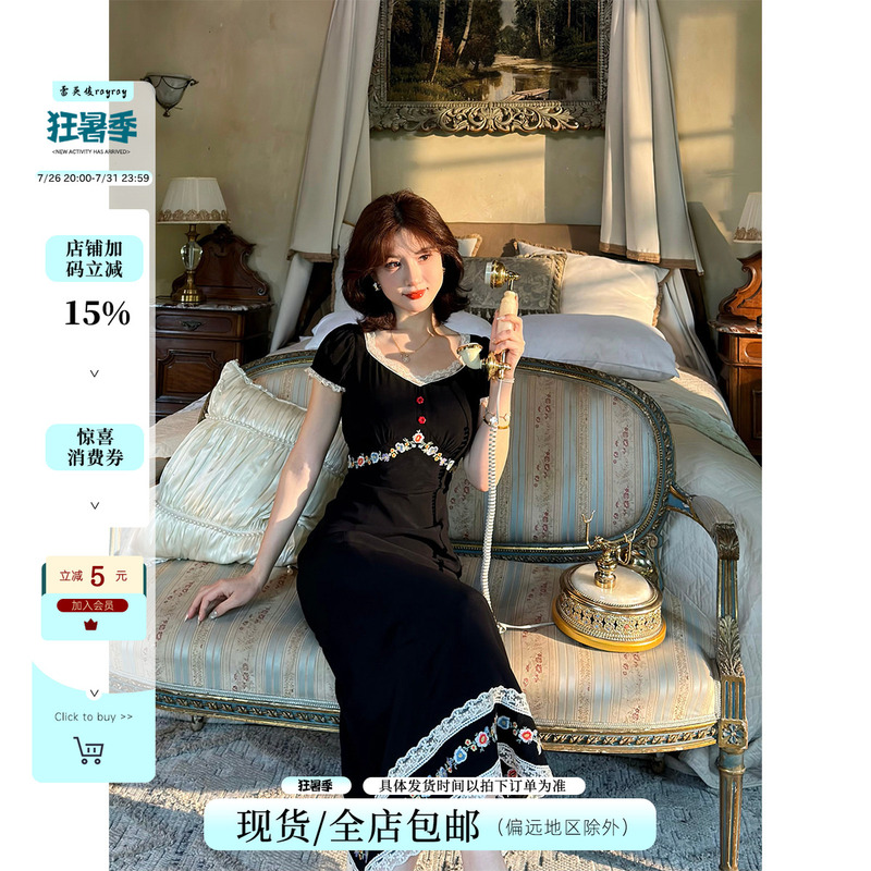 Lai Yingjun [Edward's Dream] French Retro Black Heavy Embroidery Lace Long Dress Summer Slimming Dress