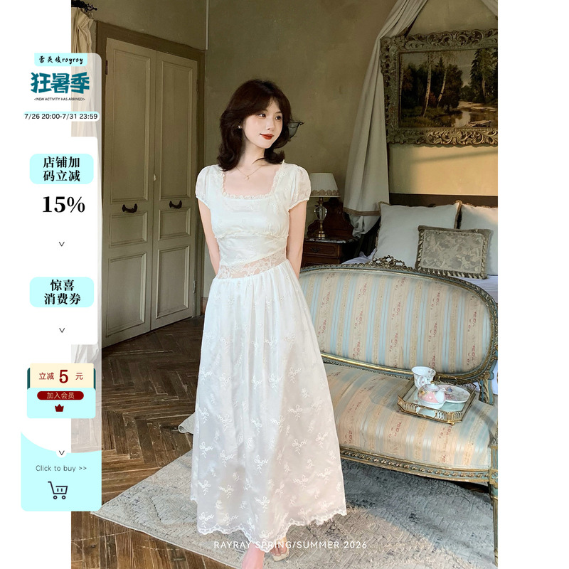 Lei Yingjun [Heartbeat Signal] French-Style Gentle Off-White Floral Embroidered Dress with Multi-Layered Lace and Waist-Cinching Design