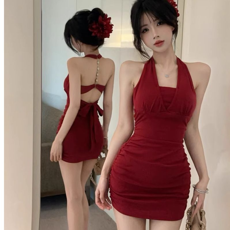 Hot Girl's Strappy Design Red Halter Neck Backless Chain Dress Summer Pure Desire Slimming Bodycon Short Skirt