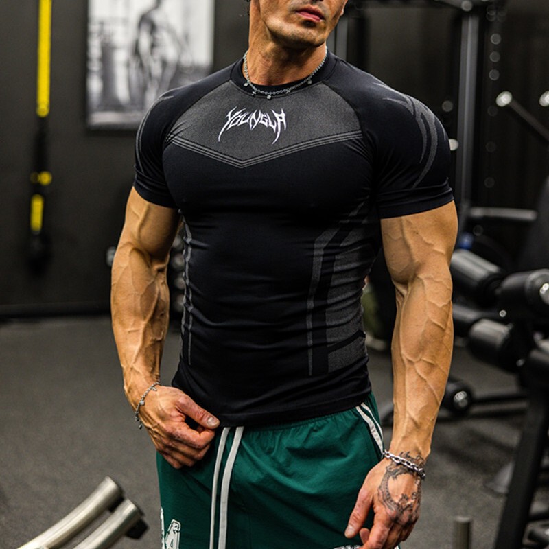Youngla American Style Summer New Men's Tight-Fitting T-Shirt for Joggers, Sports, Fitness, Running, Training, Quick-Drying Youngla American Style Summer New Men's Tight-Fitting T-Shirt for Joggers, Sports, Fitness, Running, Training, Quick-Drying