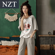 . Pajama womens mùa hè Hàn Quốc phiên bản của cổ áo tròn có thể đi ra khỏi bông giản dị quần ngắn tay nhà quần áo hai mảnh thiết lon ngọt ngào.