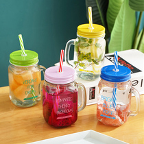 2 Mason cups gradient color rooster cup with cover glass water glass juice handle large capacity creative colorful cold drink